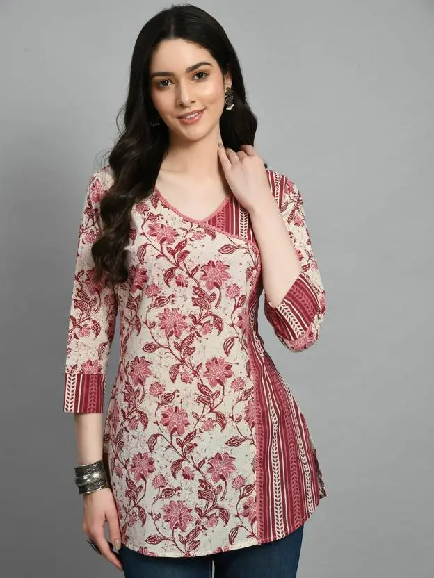 Meesan  Casual Regular Sleeves Printed Women Maroon, Beige Top