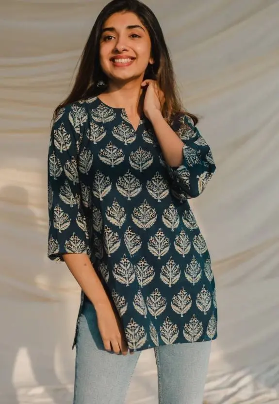 SANGOURI  Casual Regular Sleeves Printed Women Dark Blue