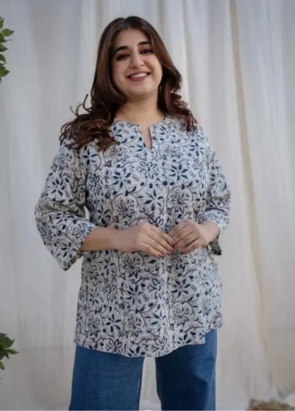 BIBHATSU  Casual Regular Sleeves Floral Print Women White Top