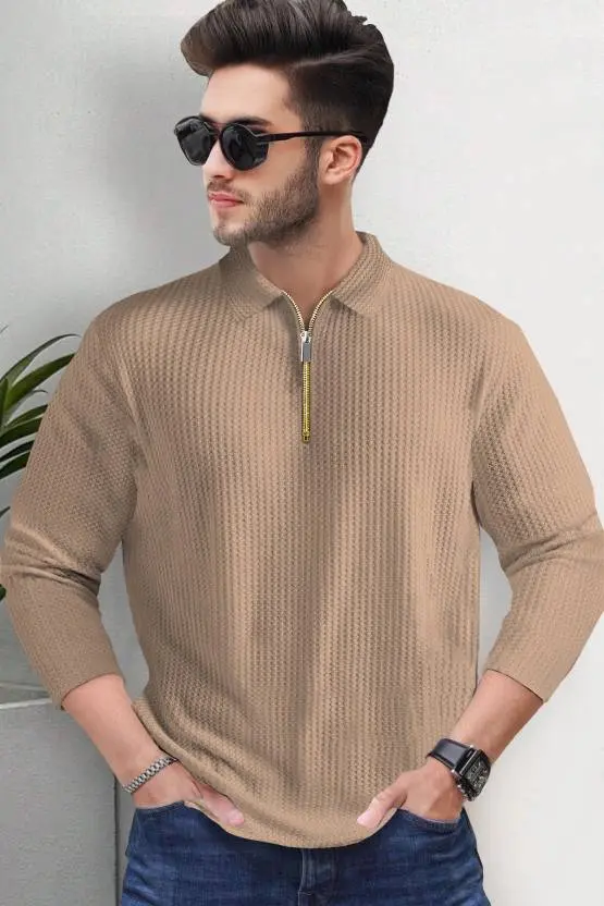 TRIPR  Men Solid Polo Neck Cotton Blend Beige T-Shirt