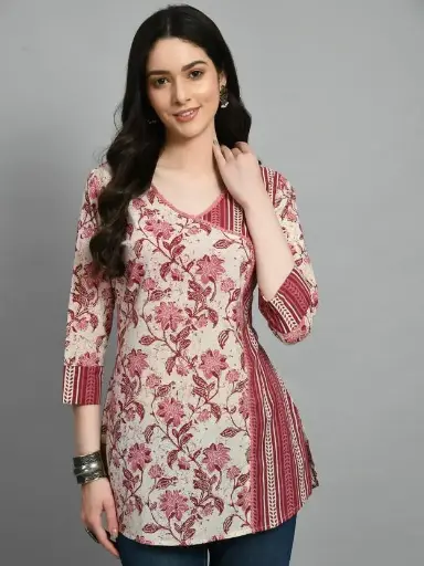 Meesan  Casual Regular Sleeves Printed Women Maroon, Beige Top