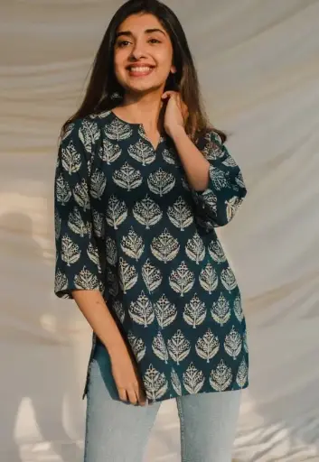 SANGOURI  Casual Regular Sleeves Printed Women Dark Blue