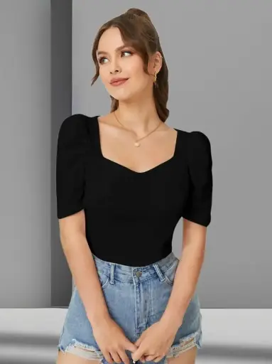 Dream Beauty Fashion  Casual Puff Sleeves Solid Women Black Top